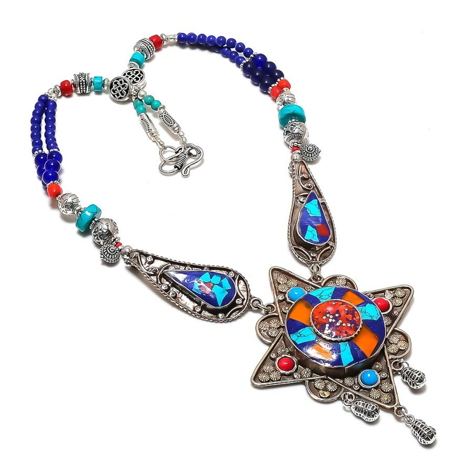 Coral Turquoise Lapis lazuli Necklace Handmade Nepali Beaded Jewelry 18″ NA 838