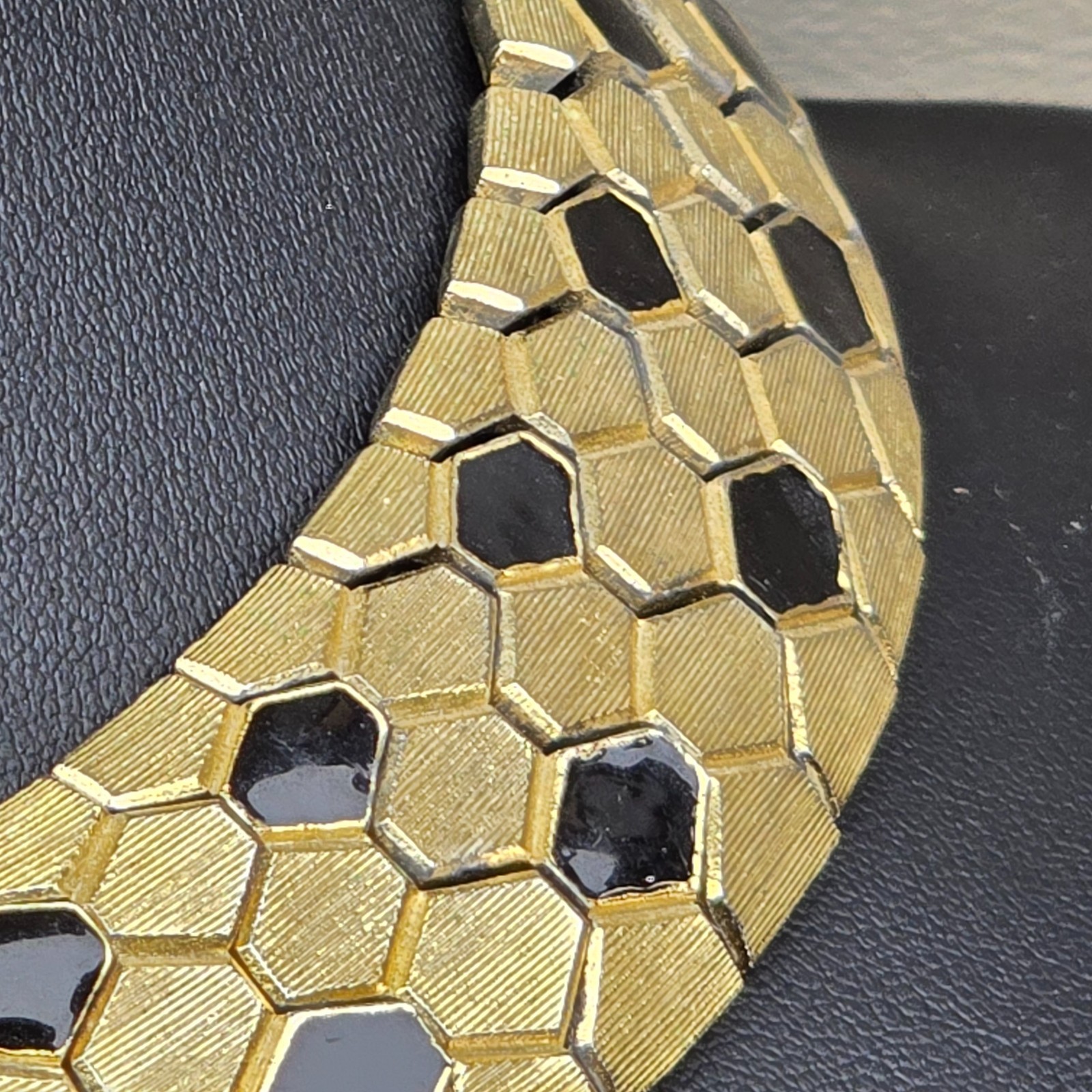 Gold Tone Necklace Serpent Scale Black Enamel Collar Honeycomb Hexagon Statement