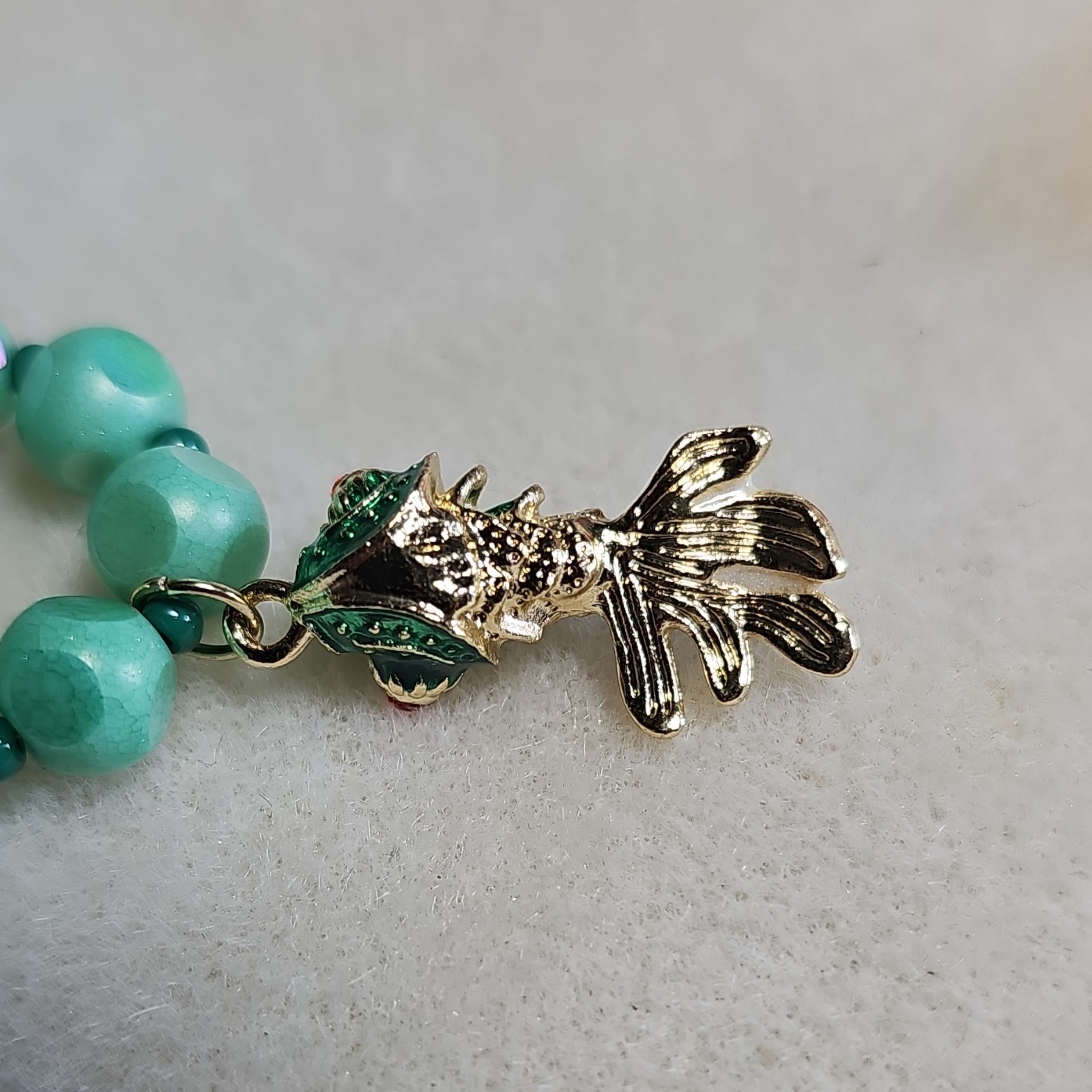 Handcrafted Green Glass Necklace W Enamel Koi Goldfish Charm Lobster Clasp