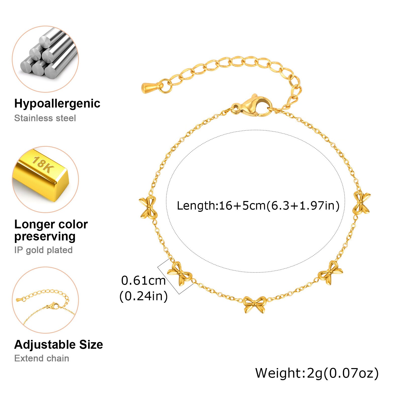 Stainless Steel Cute Butterfly Bow Link Chain Bracelet for Women Adjustable Gift