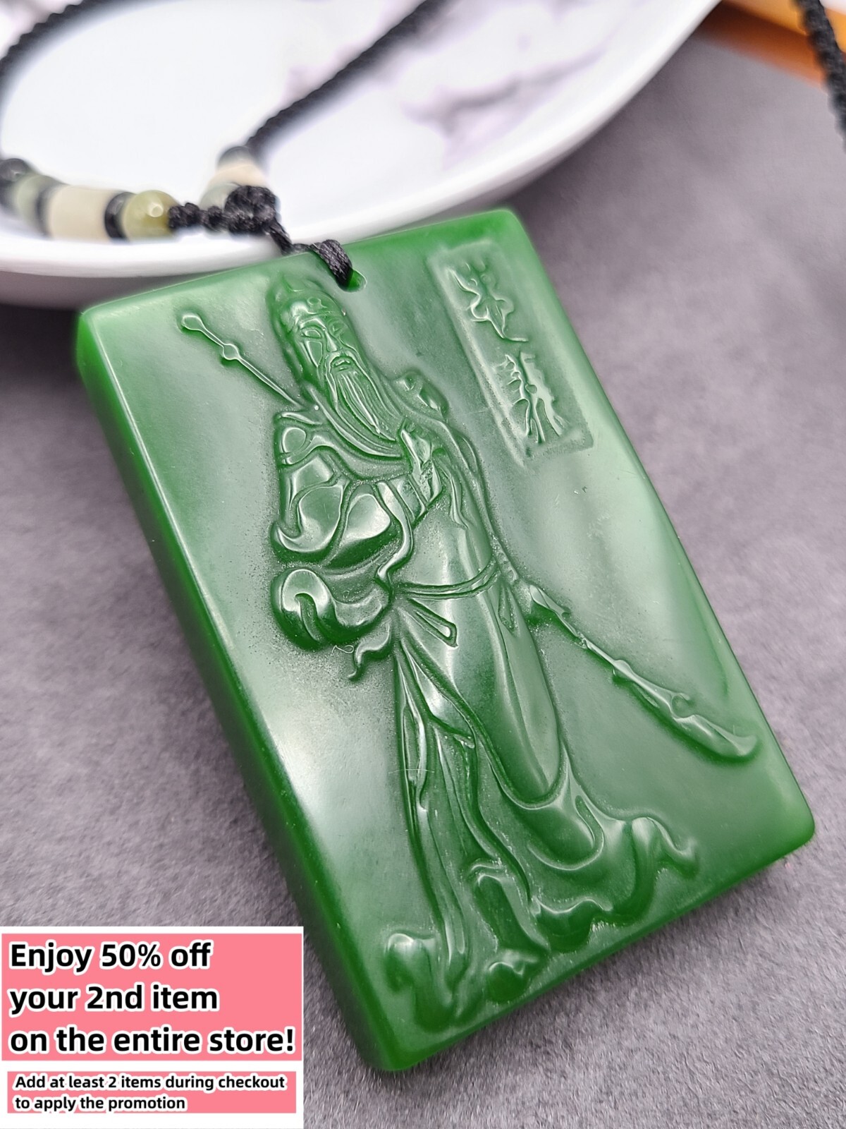 Jade Guan Yu Charm Pendant Necklace W/ Beads Cord Handmade Carved Green Gemstone