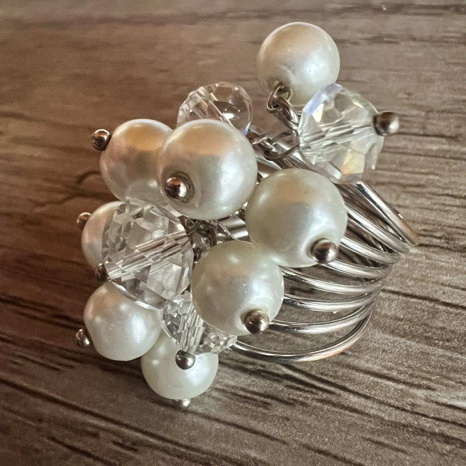Vintage Faux Pearl & Crystal Cluster Statement Ring Adjustable Multi-Band Unique