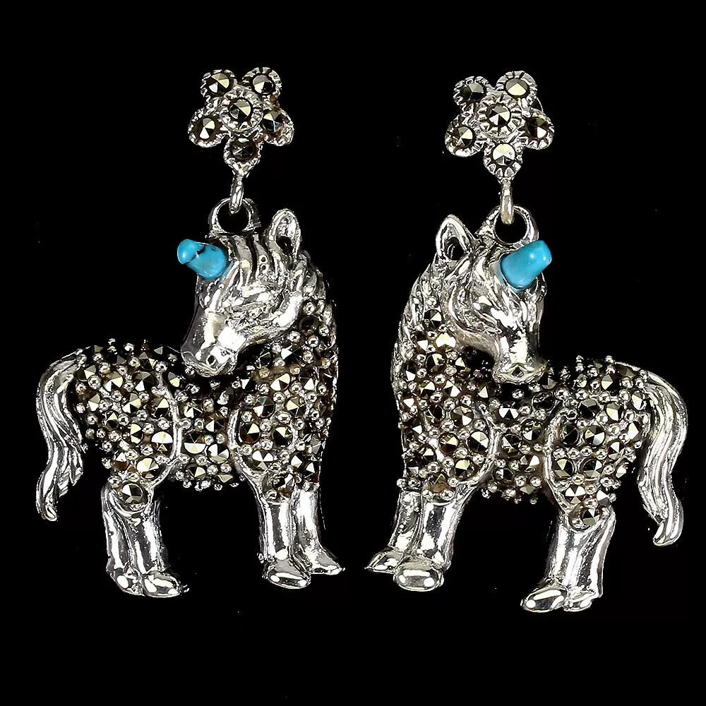 Pony Earrings, Stabilized Turquoise Gems, Stud, 925 Sterling Silver, Marcasite