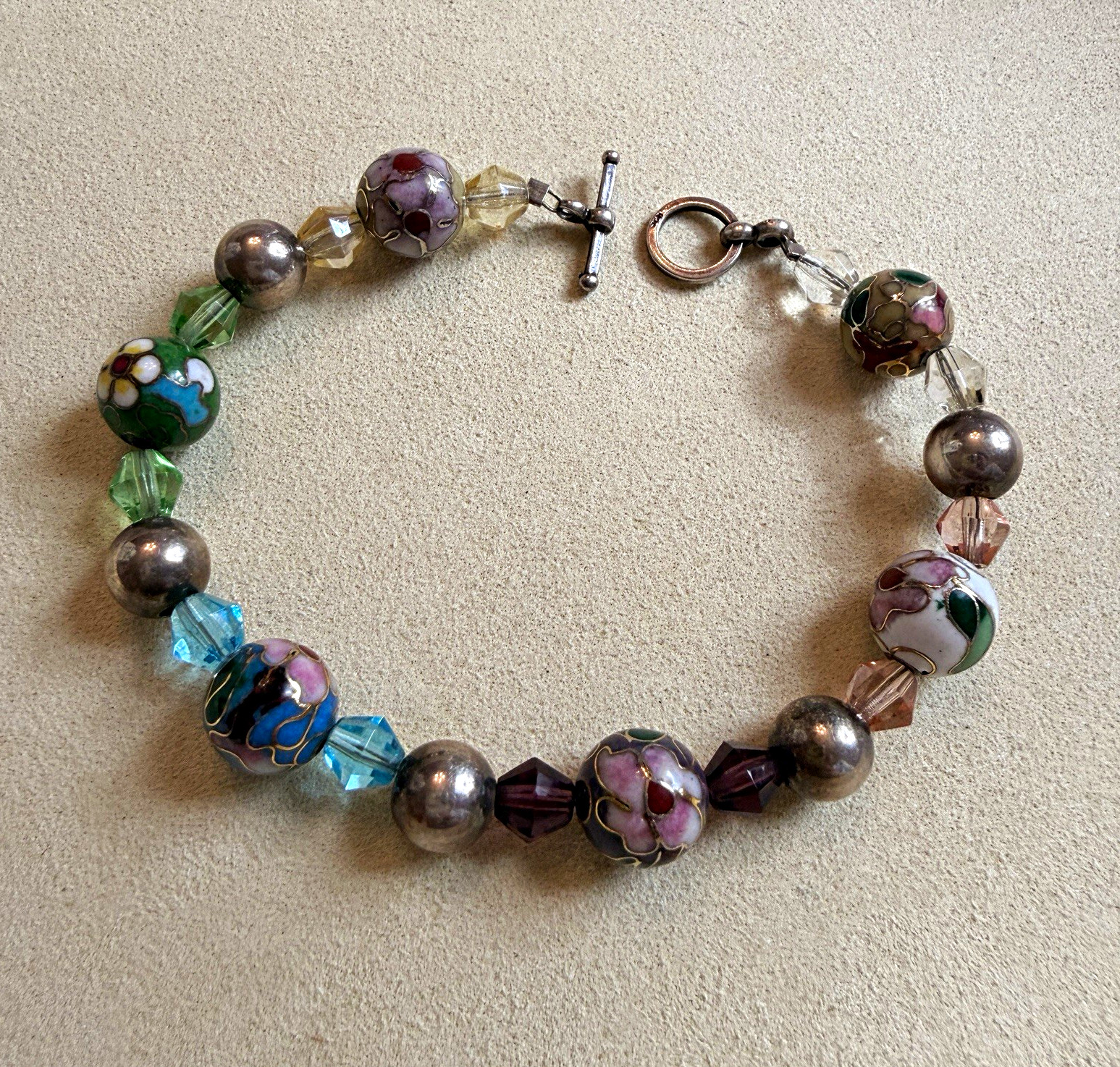 Vintage Cloisonne Bead Bracelet 925 Sterling Silver Toggle Floral Enamel 6.5”