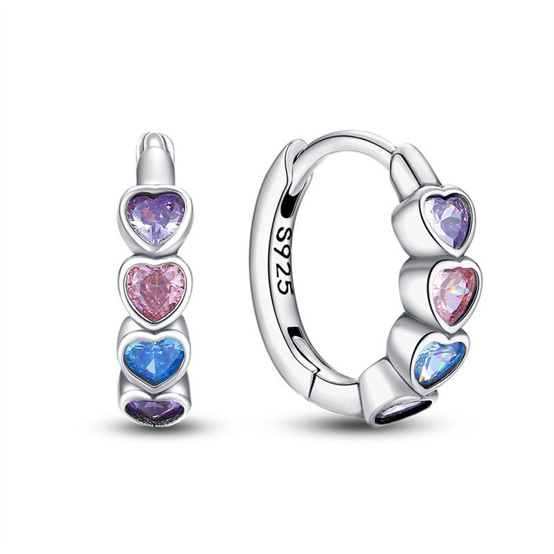 PANDACH 925 Sterling Silver Tiny Colorful Heart Huggie Hoop Earrings For Women