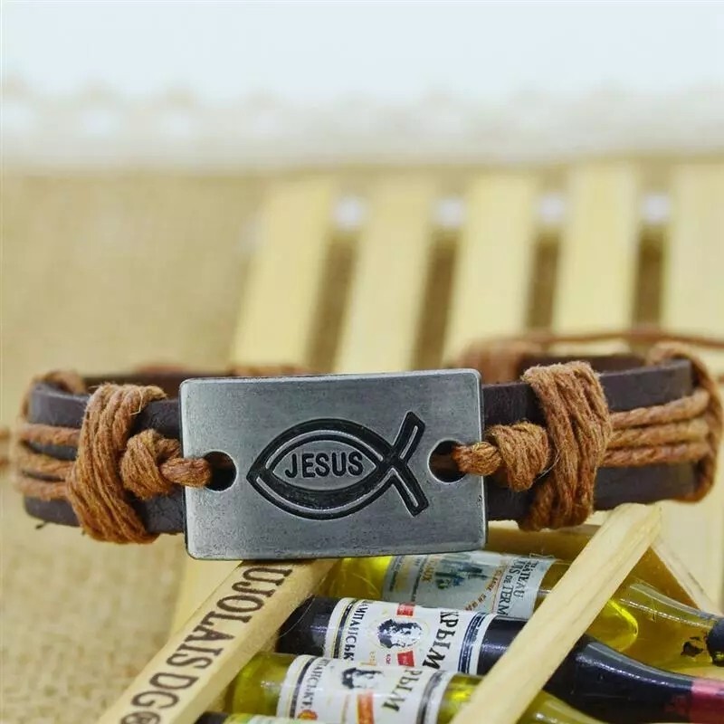 New 1PC Punk Style Leather Bracelets Charm Love Jesus Braided Rope Unisex Bangle
