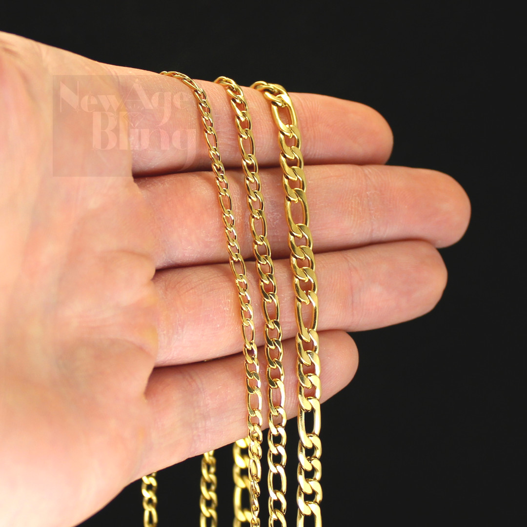 Gold Plated Stainless Steel Figaro Chain 16″- 30″ Men Women Necklace 3-12mm