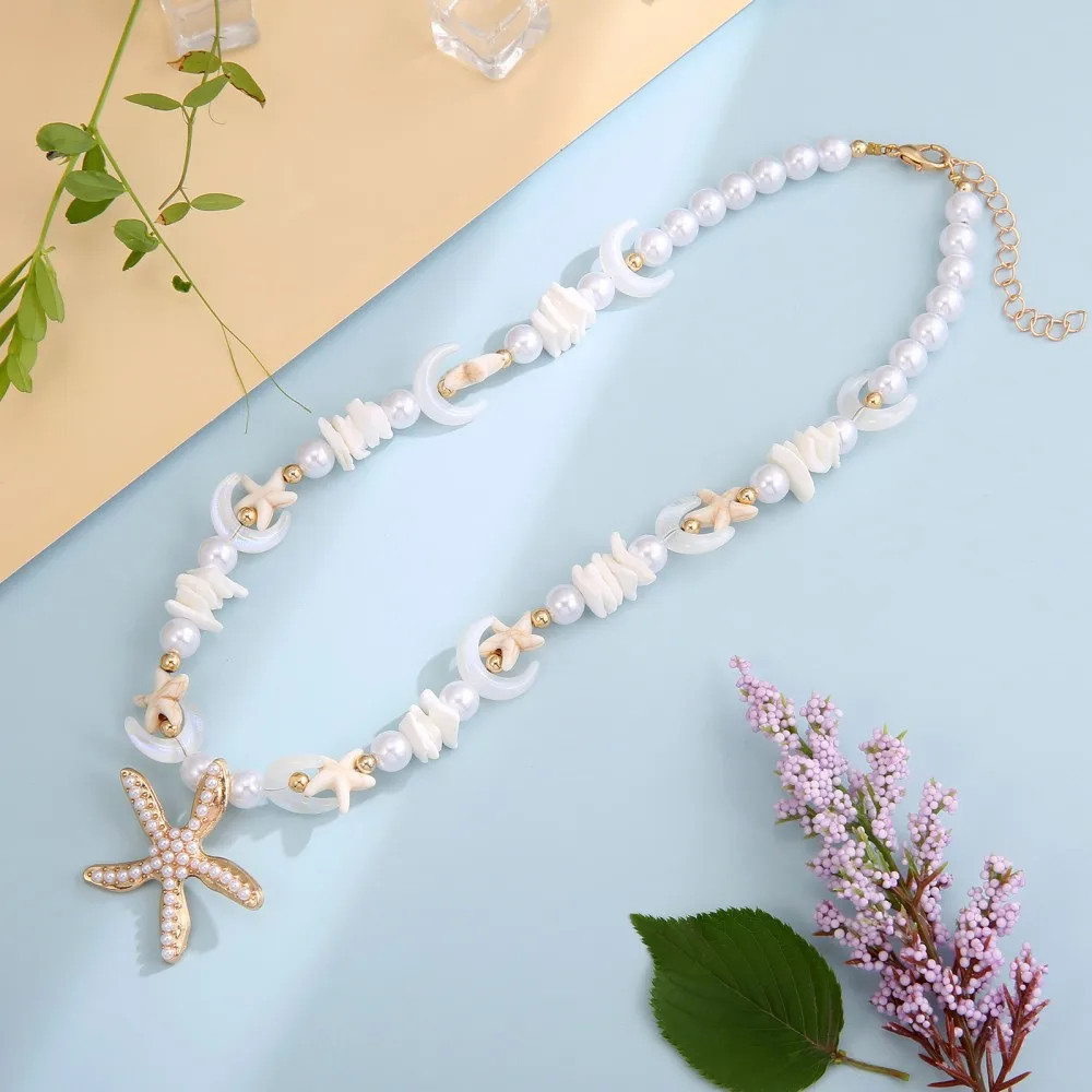 Vintage Tropical Ocean Style Beaded Choker Mixed Shell Pearl Rhinestone Starfish