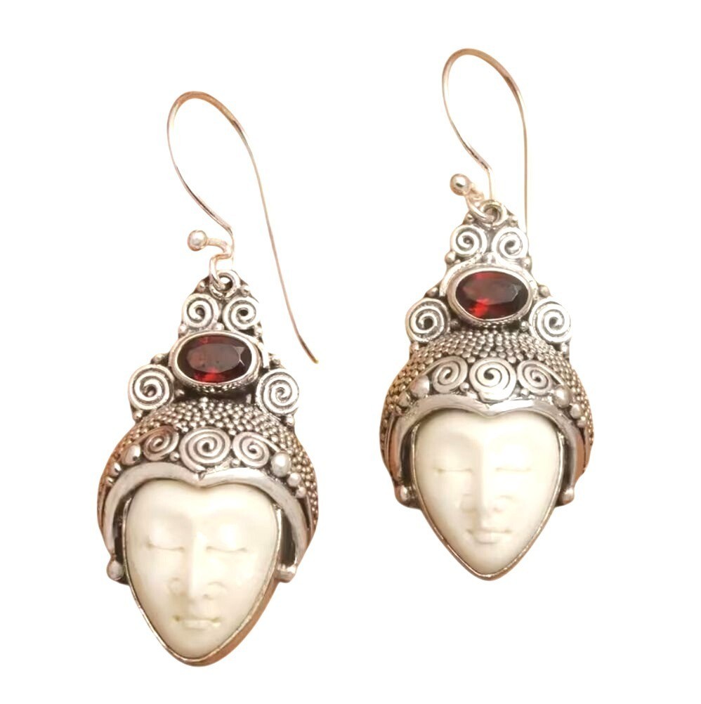 White Enamel Silver Tone Elegant Face Earrings with Red Glass Stone