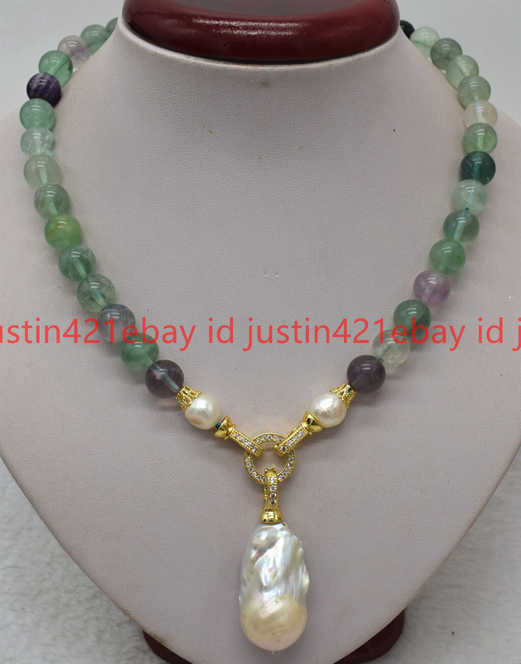 Natural 10mm Fluorite Beads & White Keshi Baroque Pearl Pendant Necklace 16-28″