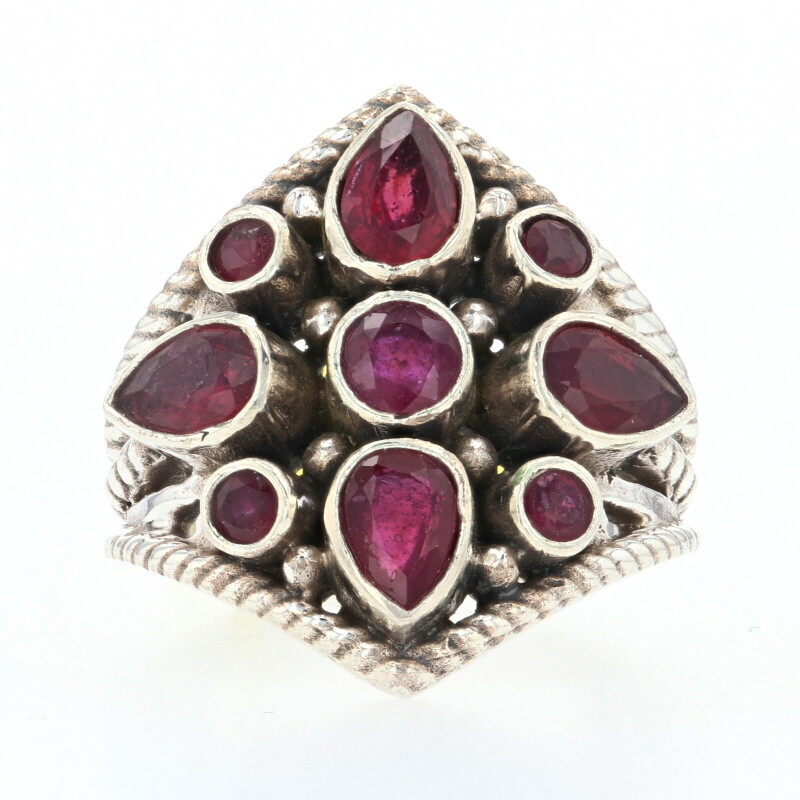 Silver Lead Glass Filled Ruby Cluster Cocktail Flower Ring 925 Round 3.00ctw