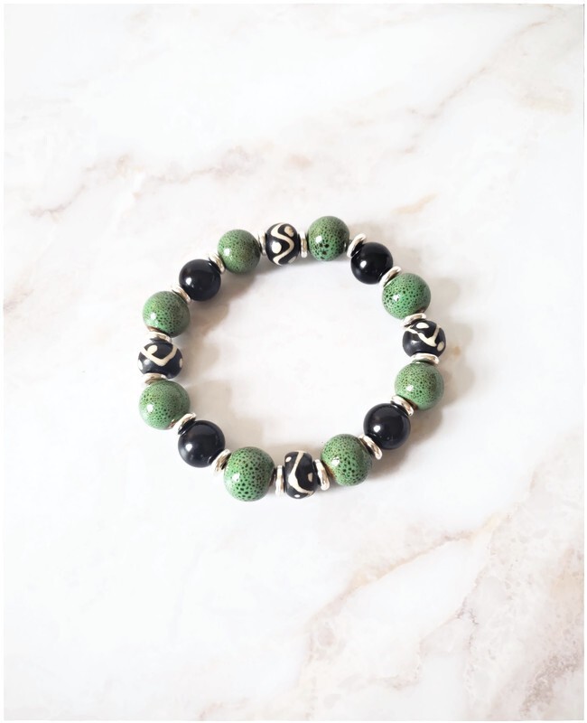 Men Green Black Beaded Stretch Bracelet African Tribal Ethnic Bracelet