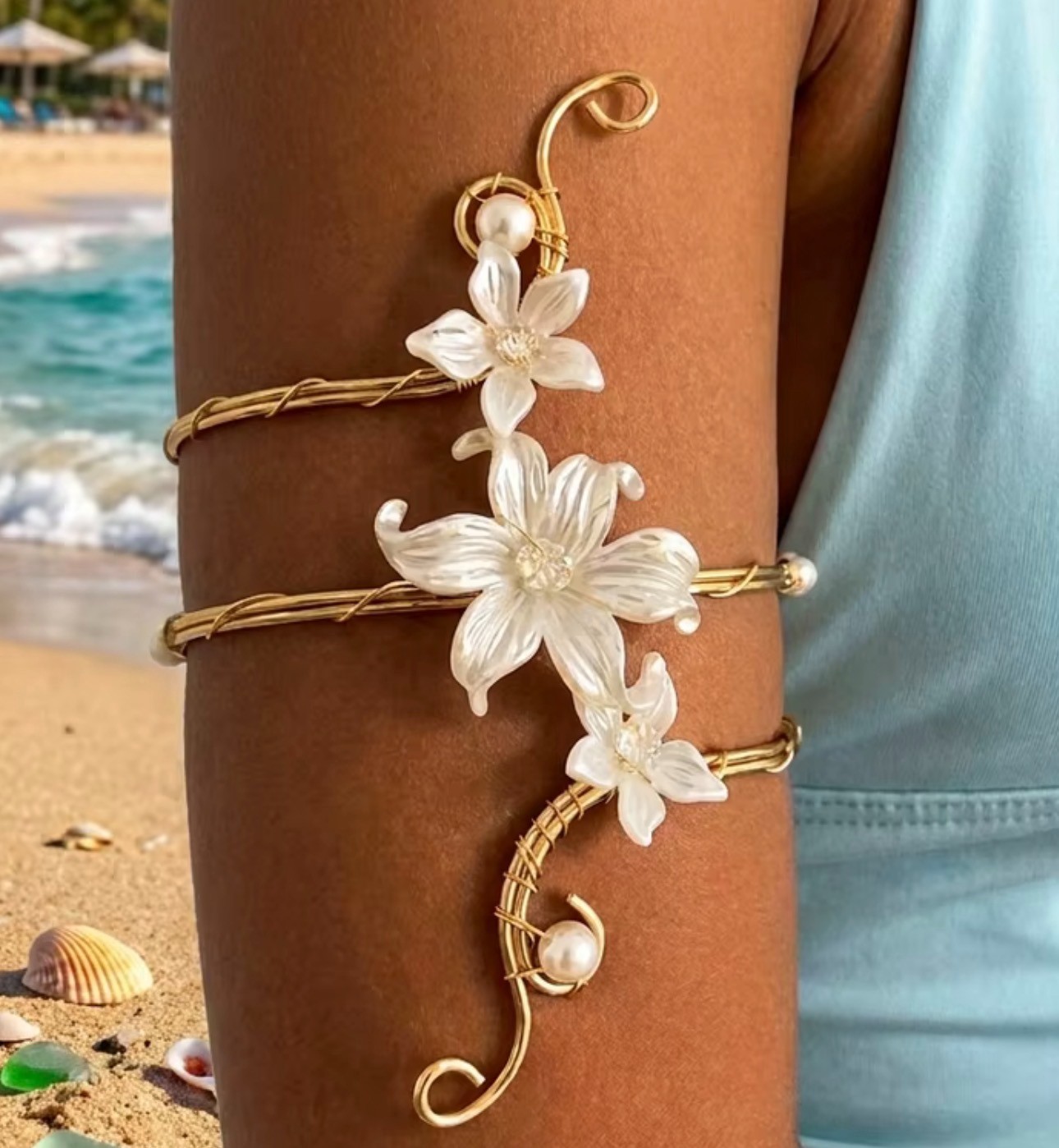 Elegant White flower Open Cuff Armlet for Women Vintage Gold Color Wire Wrapped