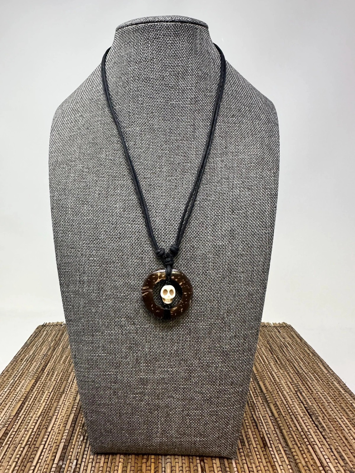 Handcrafted Coconut Shell Skull Necklace Howlite Pendant Adjustable Cord Unisex