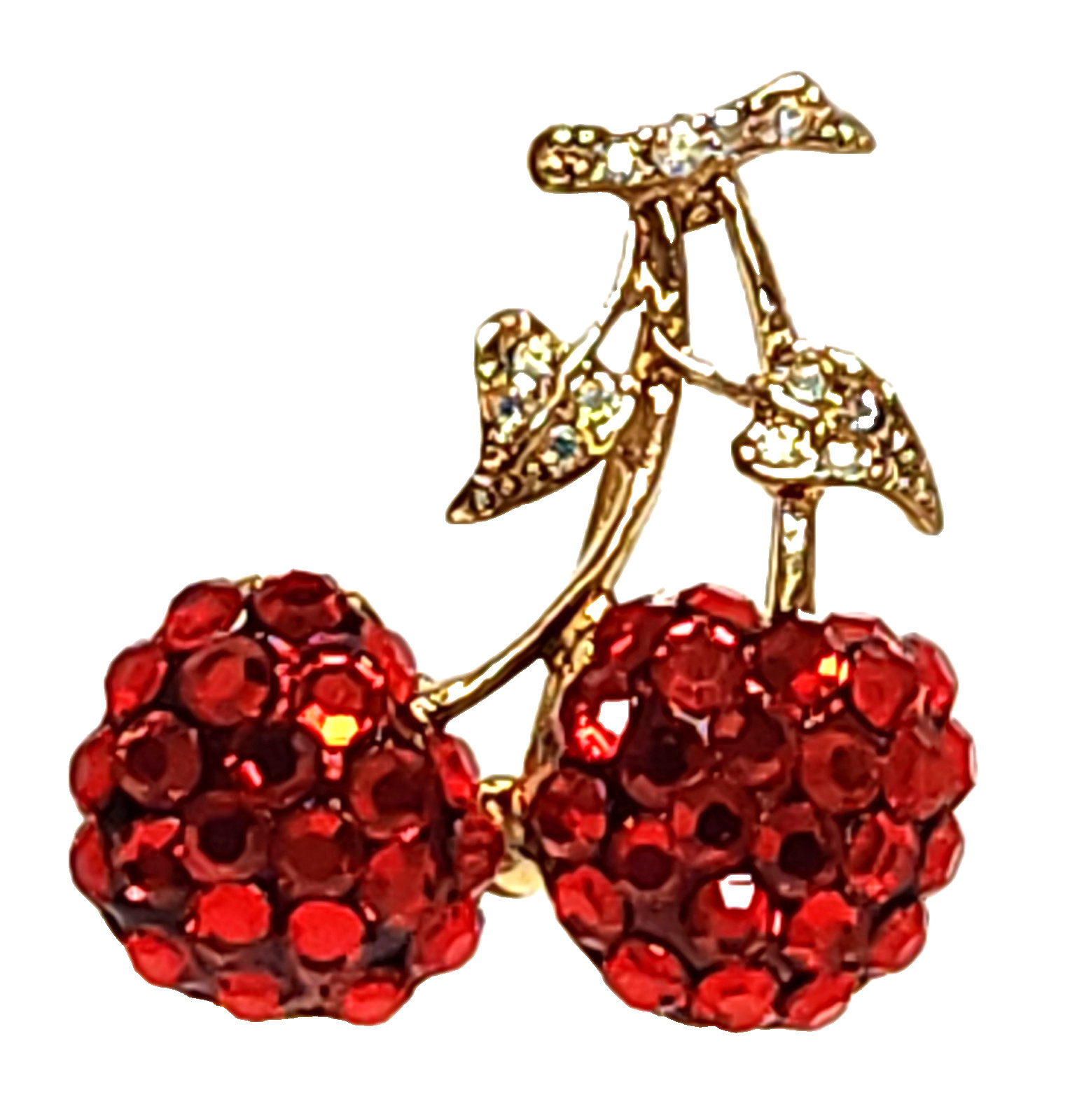 Suzanne Bjontegard Aurora Borealis Rhinestone Red Crystal Cherries Brooch 1.5″