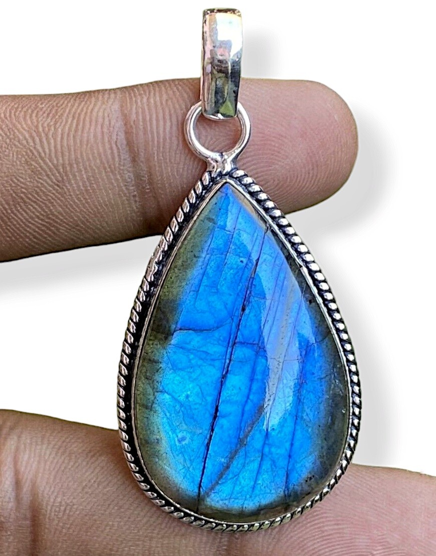 Blue Fire Labradorite Silver Pendant 925 Sterling Silver Gemstone Pendant 1.97″