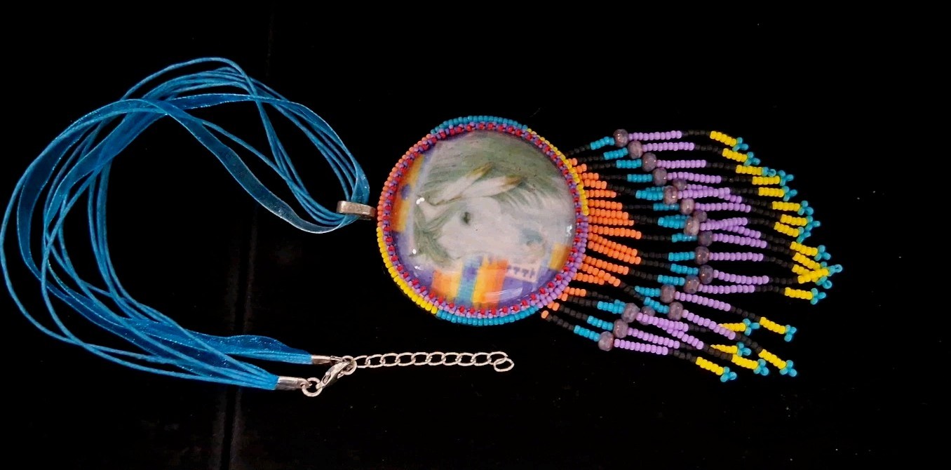 Beaded Medallion 16″Necklace With Horse Design: Multicolored Beadwork&2.5″Fringe