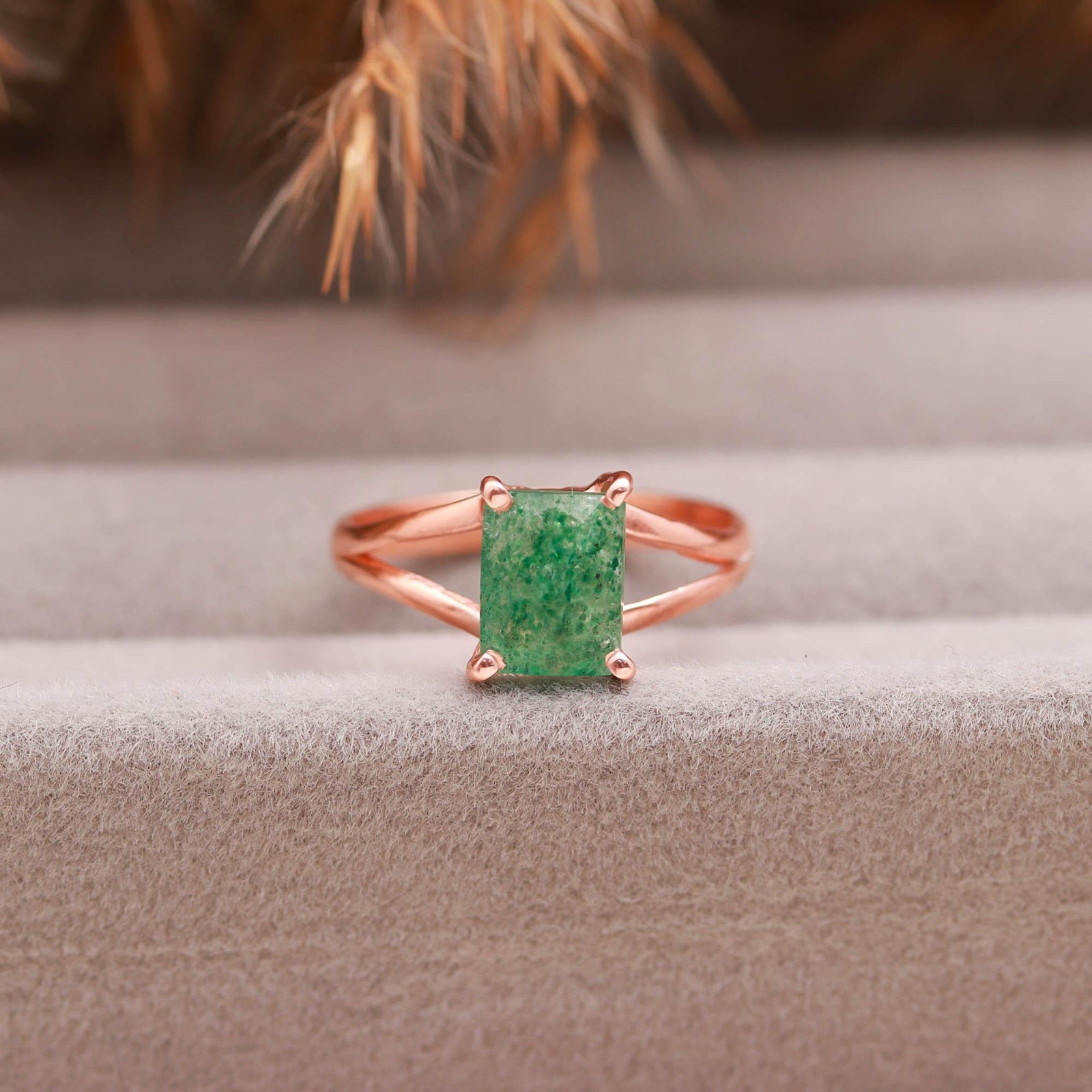 Natural Green Strawberry Octagon Ring Rose Gold Fill 925 Sterling Silver Jewelry