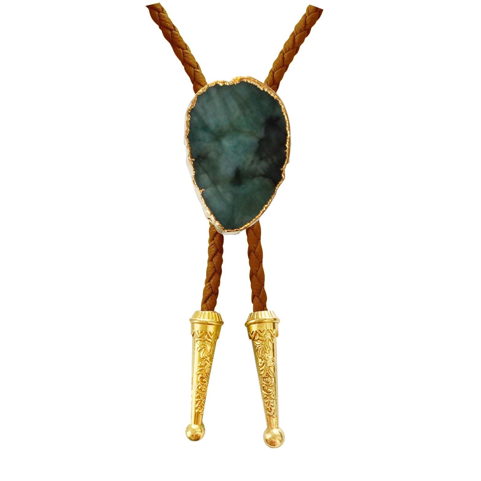 Gemstone Bolo Tie Braided Vegan Faux Leather Natural Stone Gold Handmade Neck…