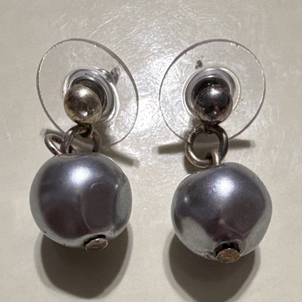 Gray Simulated Pearl Dangle/Drop Stud Earrings, Butterfly Closure, Round