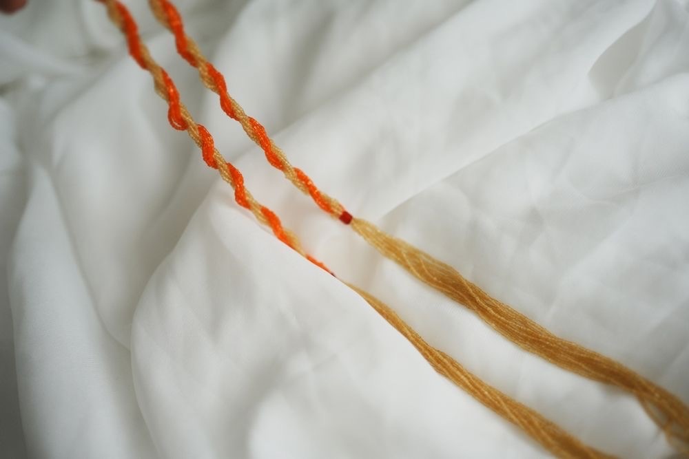 Long bead necklace, rocailles, orange-gold, tassels, Boho-ethnic.