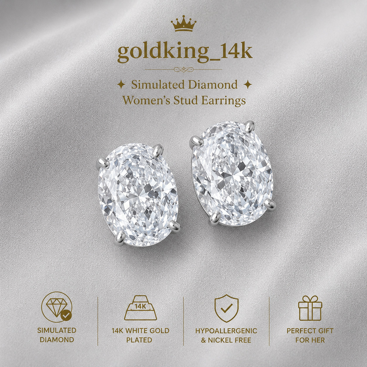 3.00CT Simulated Diamond Ovel Women Push Back Stud Earring 14k white plated
