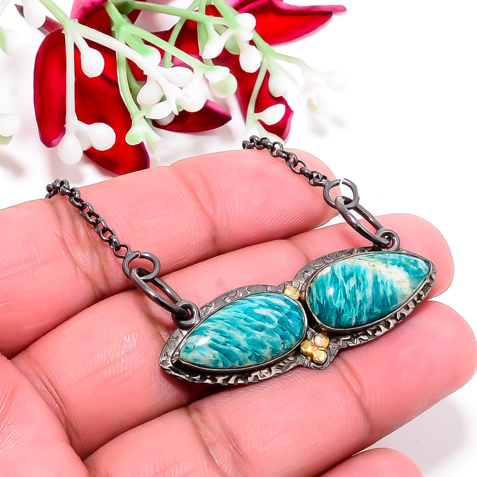 Amazonite Black & Gold Rhodium 925 Silver Chain Pendant 18-22″ Cp10468118511