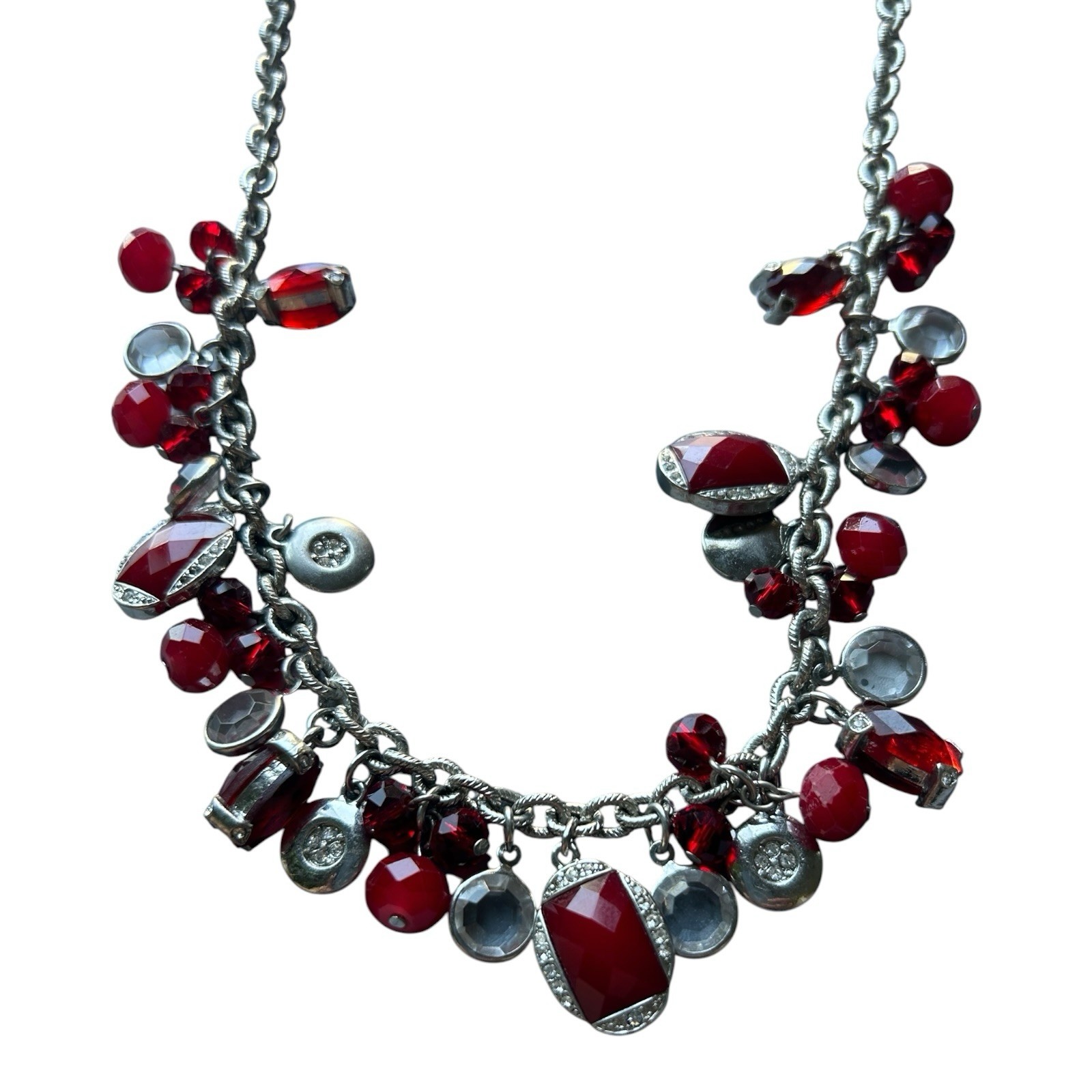 White House Black Market Red Crystal Charm Statement Necklace 21″