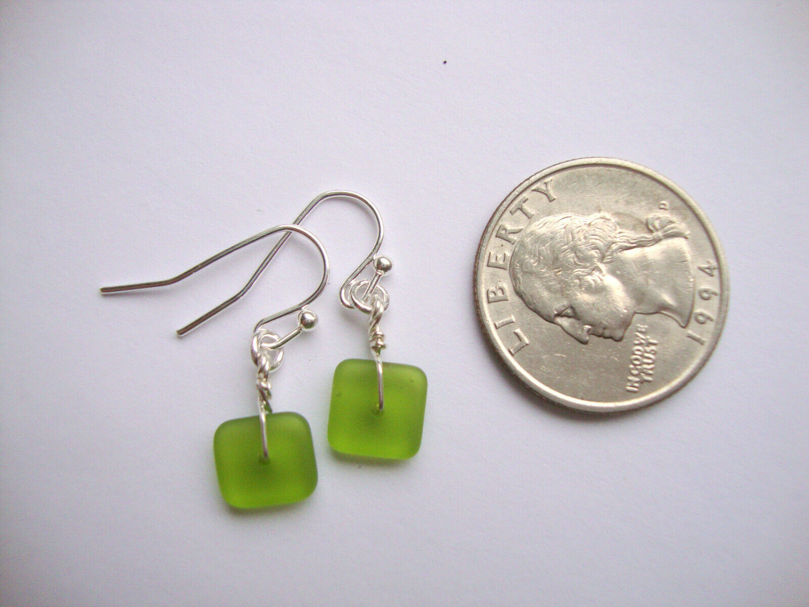 Flat, Forward-Facing, Dainty Frosted Sea GlassSilver Dangle Earrings, Minimalist