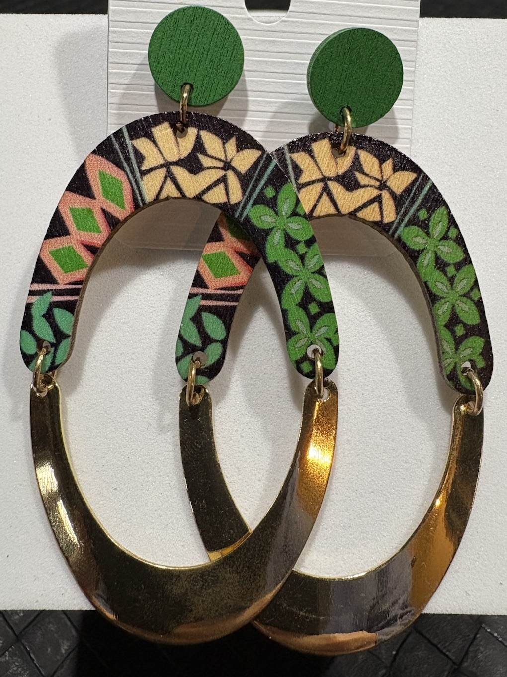 Boho Wood Copper Tone Dangle Earrings Green Floral Art Deco 2.75″ NEW