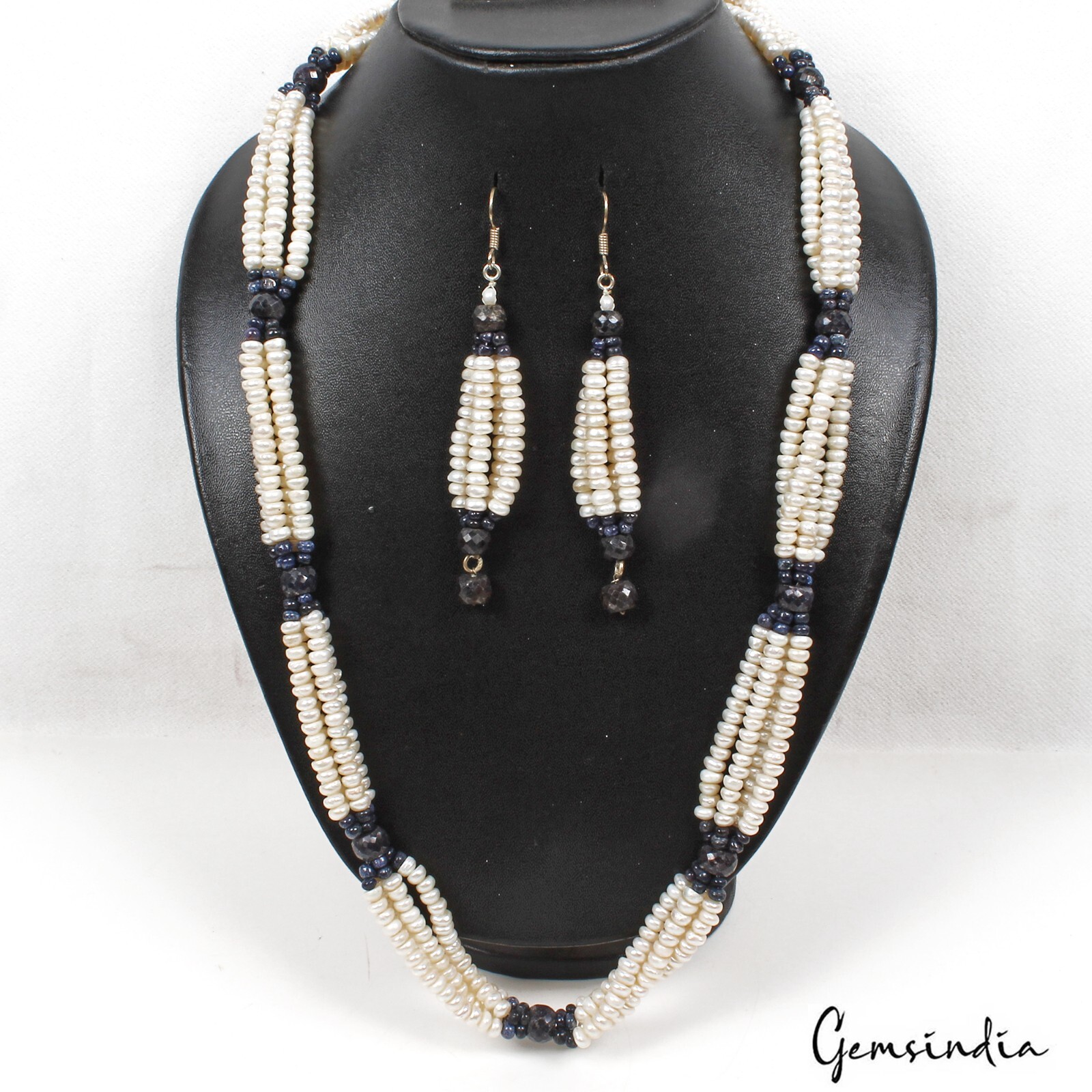 Sapphire & Pearl Necklace 26″ Earring Set, Multi-Strand Statement Beaded Jewelry