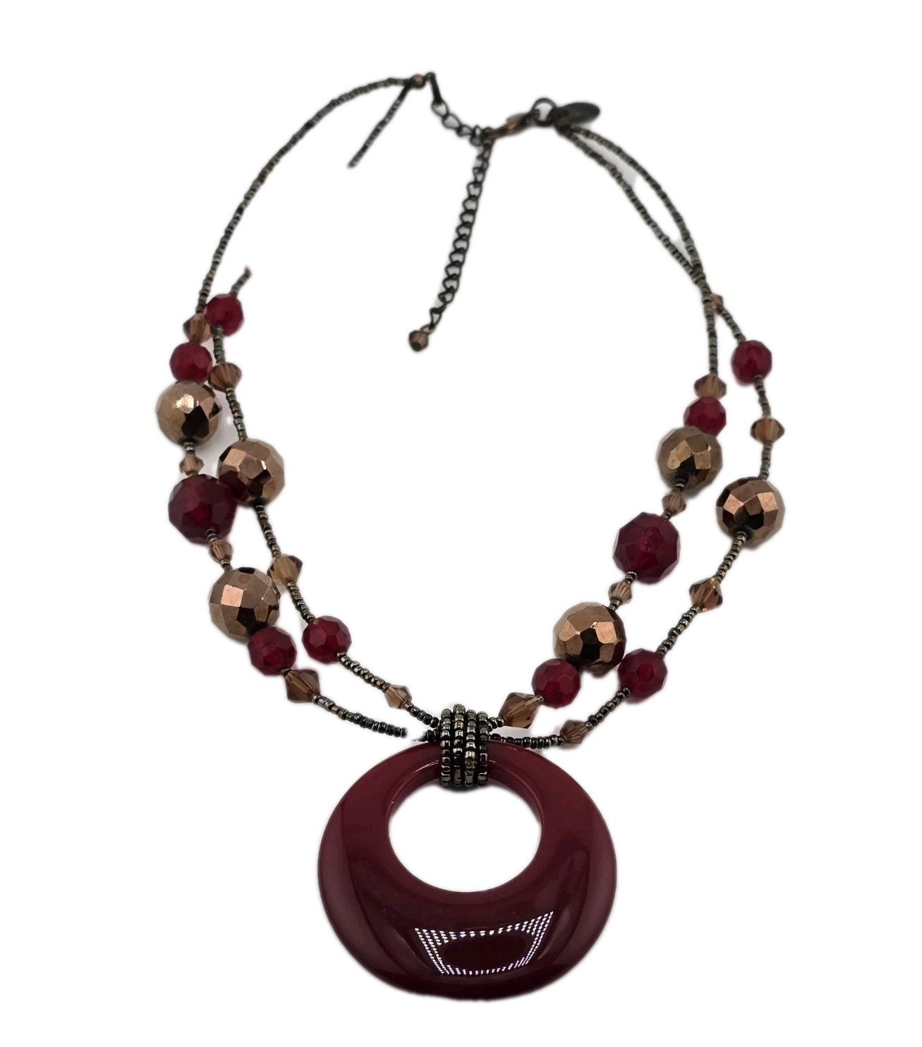 LEA SOPHIA RUBY RED &GOLD FACETED GLASS DOUBLE STRAND NECKLACE☆18″