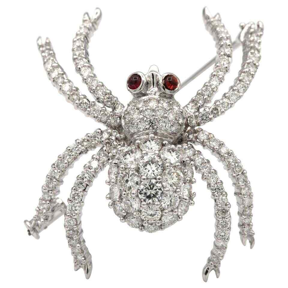 Sparkly Spider Brooch With White Round Brilliant White CZ & 2 Small Rubies Eyes