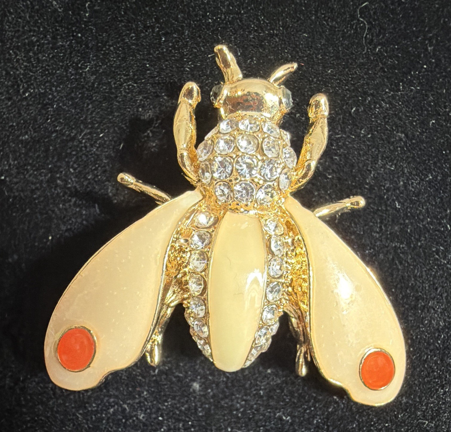 Gold Tone Cream Enamel Bug Brooch Pin Clear Rhinestones Orange Accents 1.5 in