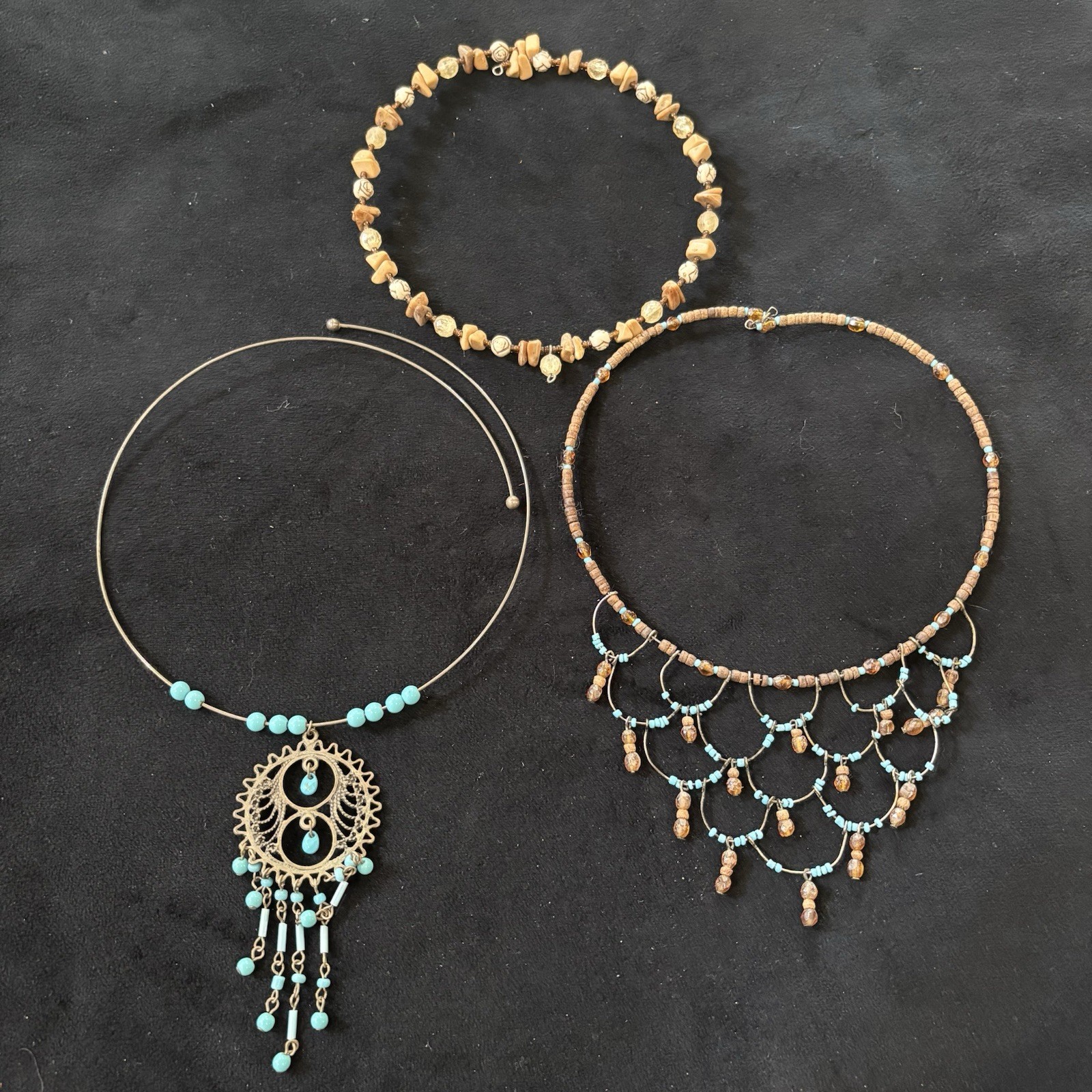Boho Choker Necklace Lot Turquoise Bead Bib Pendant 3pc Set