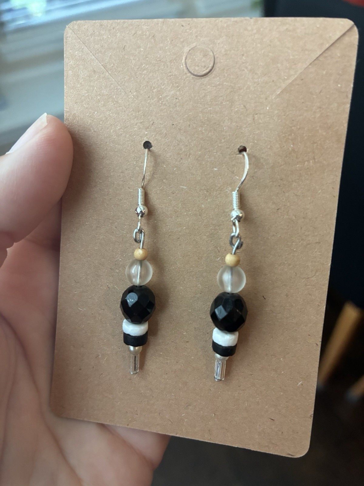Black & White Round Acrylic Beaded Dangle Drop Earrings, Sterling Silver Hook