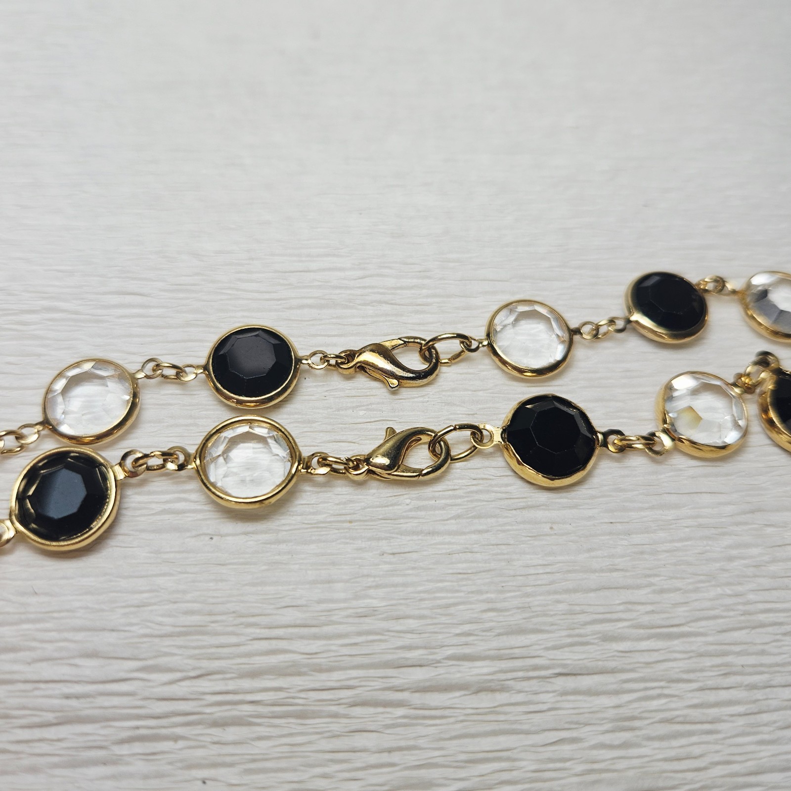 2 Bezel Set Open Back Crystal Necklaces Black Clear Gold 36″ Each 11mm Crystals