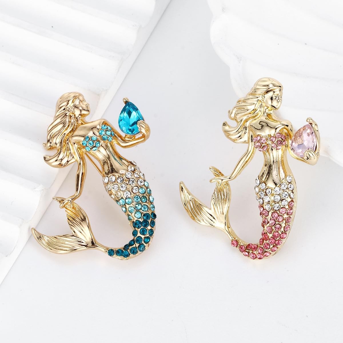 Fish Tail Mermaid Brooch Zinc Alloy Gold Plated Crystals Pins for Women