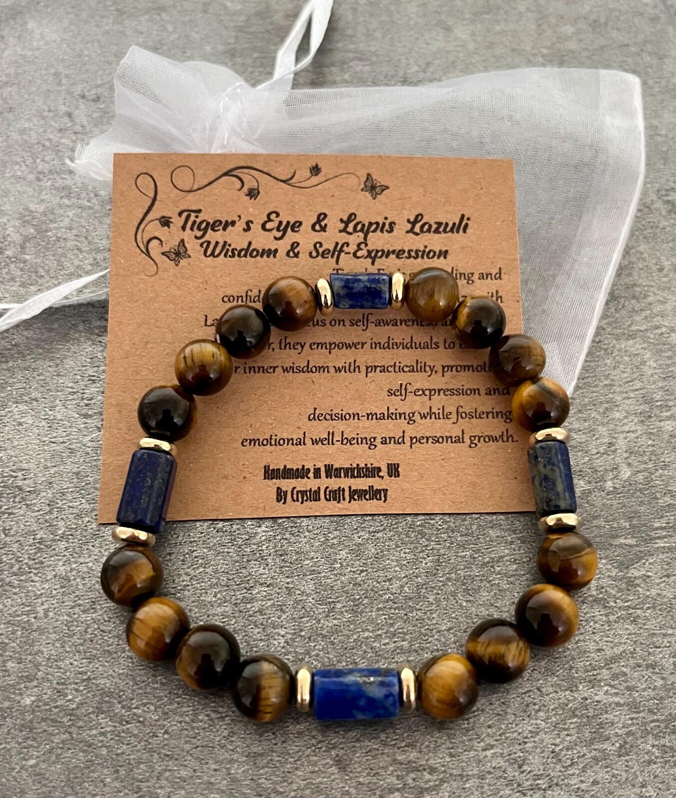 TIGER’S EYE & LAPIS LAZULI Stretch Bracelet Handmade Crystal Gemstone For Wisdom