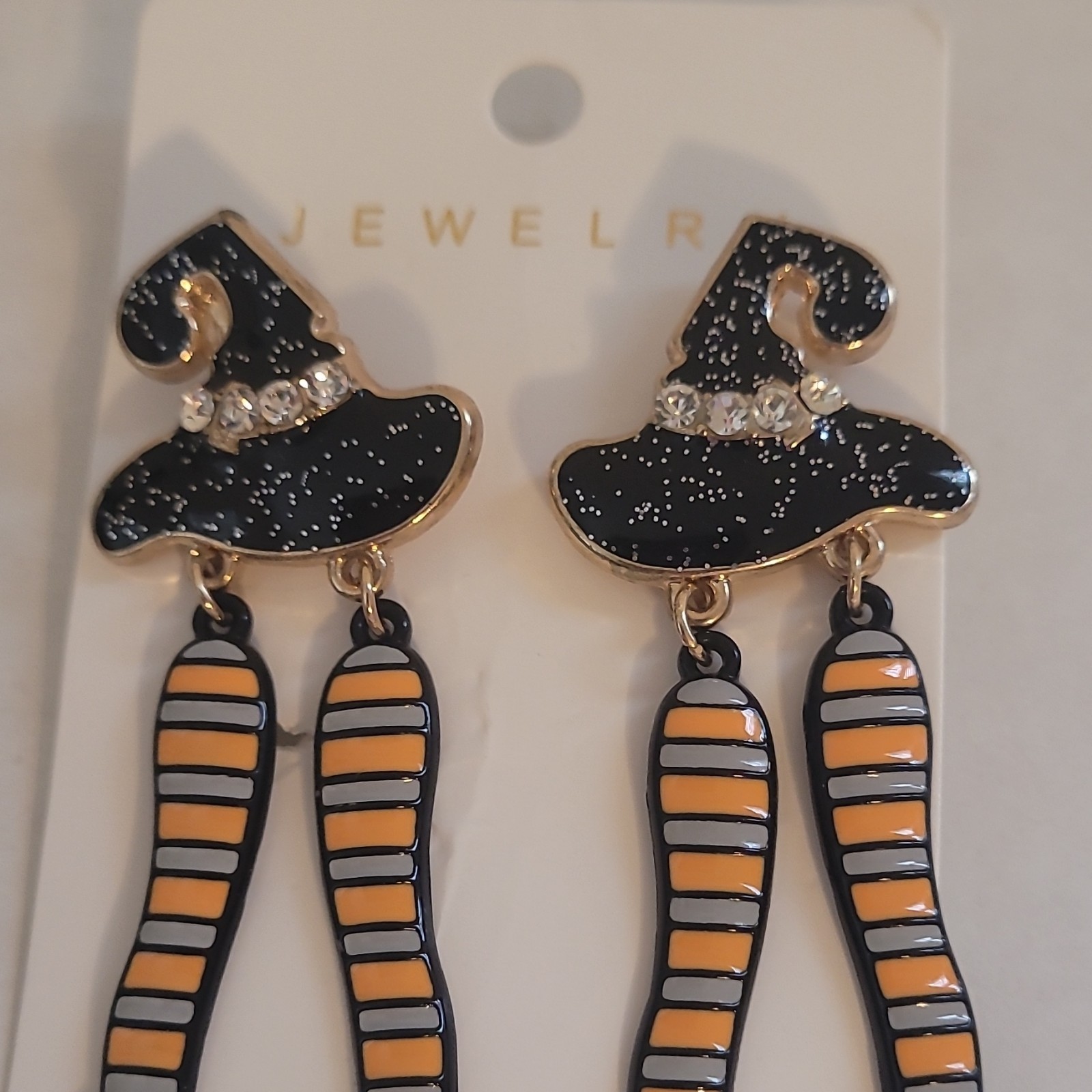 Halloween Witch Hat &Striped Legs Dangle Earrings Black Orange Rhinestone Enamel