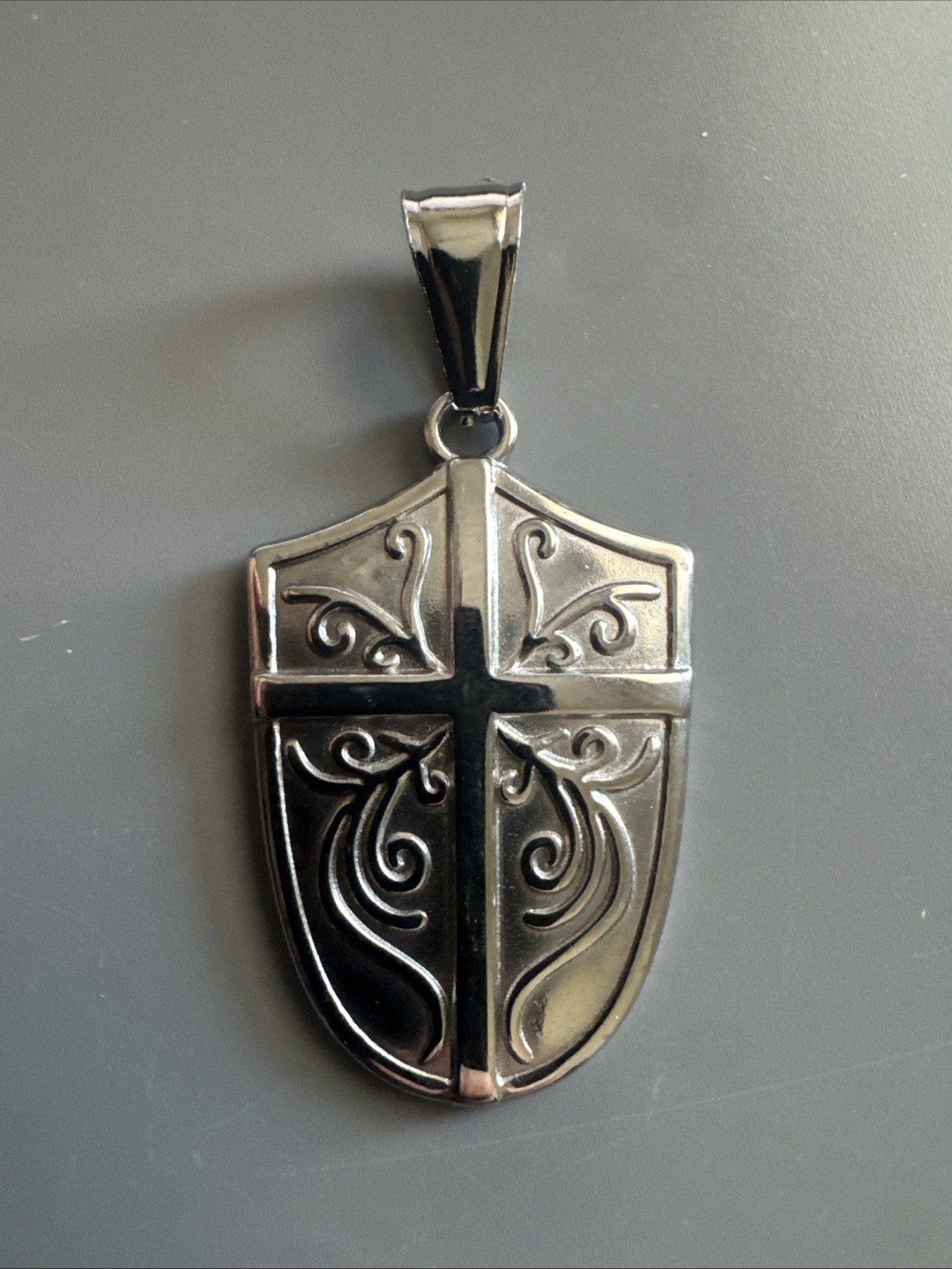 Cross Shield Viking Stainless Steel Pendant 24 Inch Box Chain Religious Faith