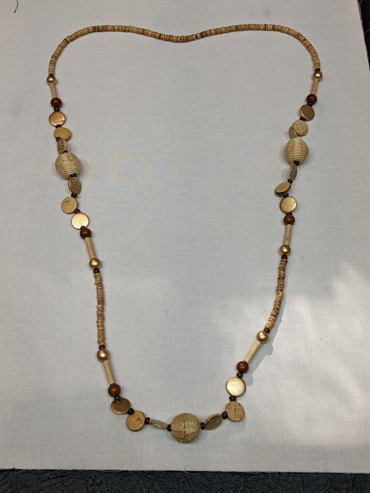 Long Wood & Wicker Bead Necklace Beige Brown Tribal Ethnic Boho Jewelry ~40″