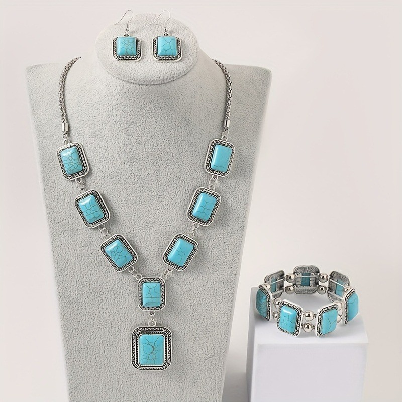 Boho Western Jewelry Turquoise Set Women Boho Pendant Necklace Earrings Bracelet