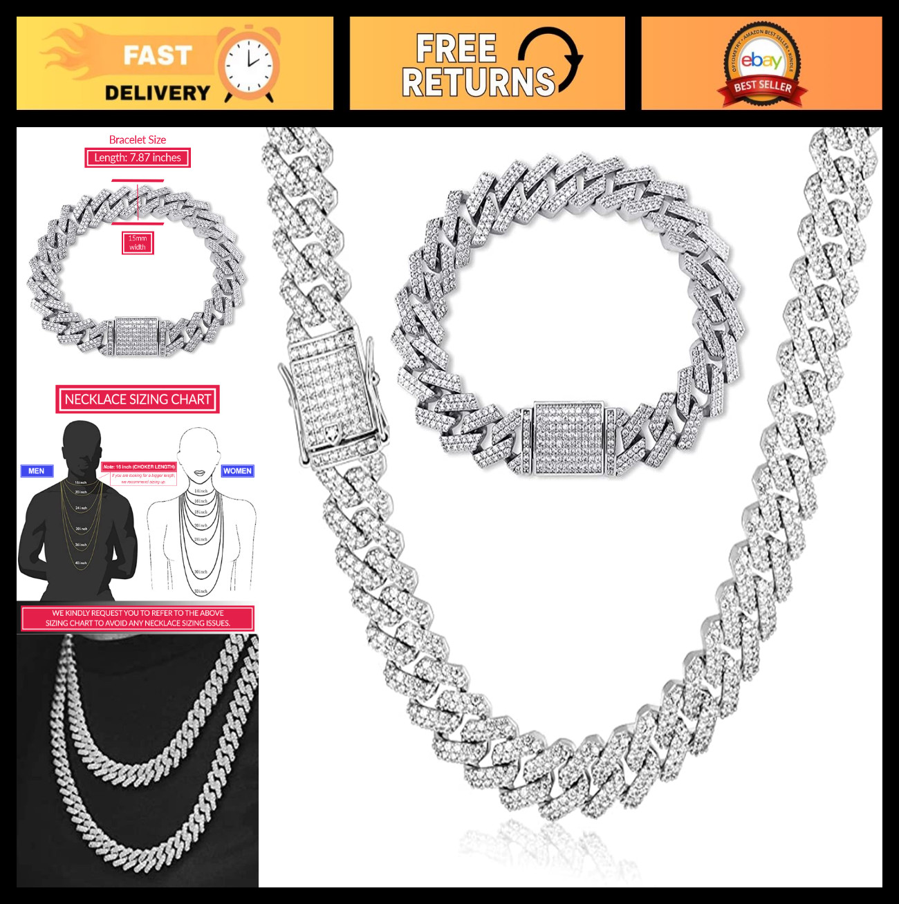 14K Gold Plated Miami Cuban Link Chain Necklace & Hip Hop Bracelet – Iced Out Bl