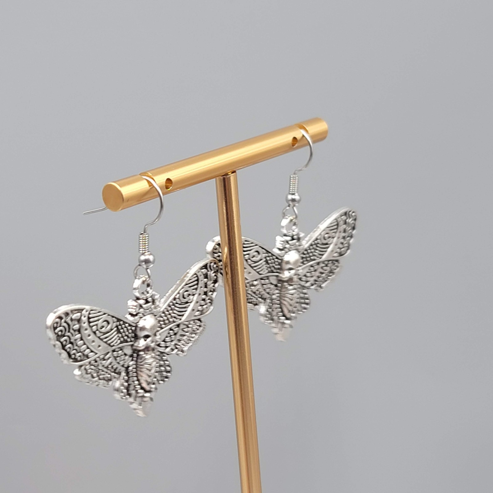 Moth Silver tone Embossed Pierced Earrings Dangle Goth Rock Punk 1 5/8″ x 1 in