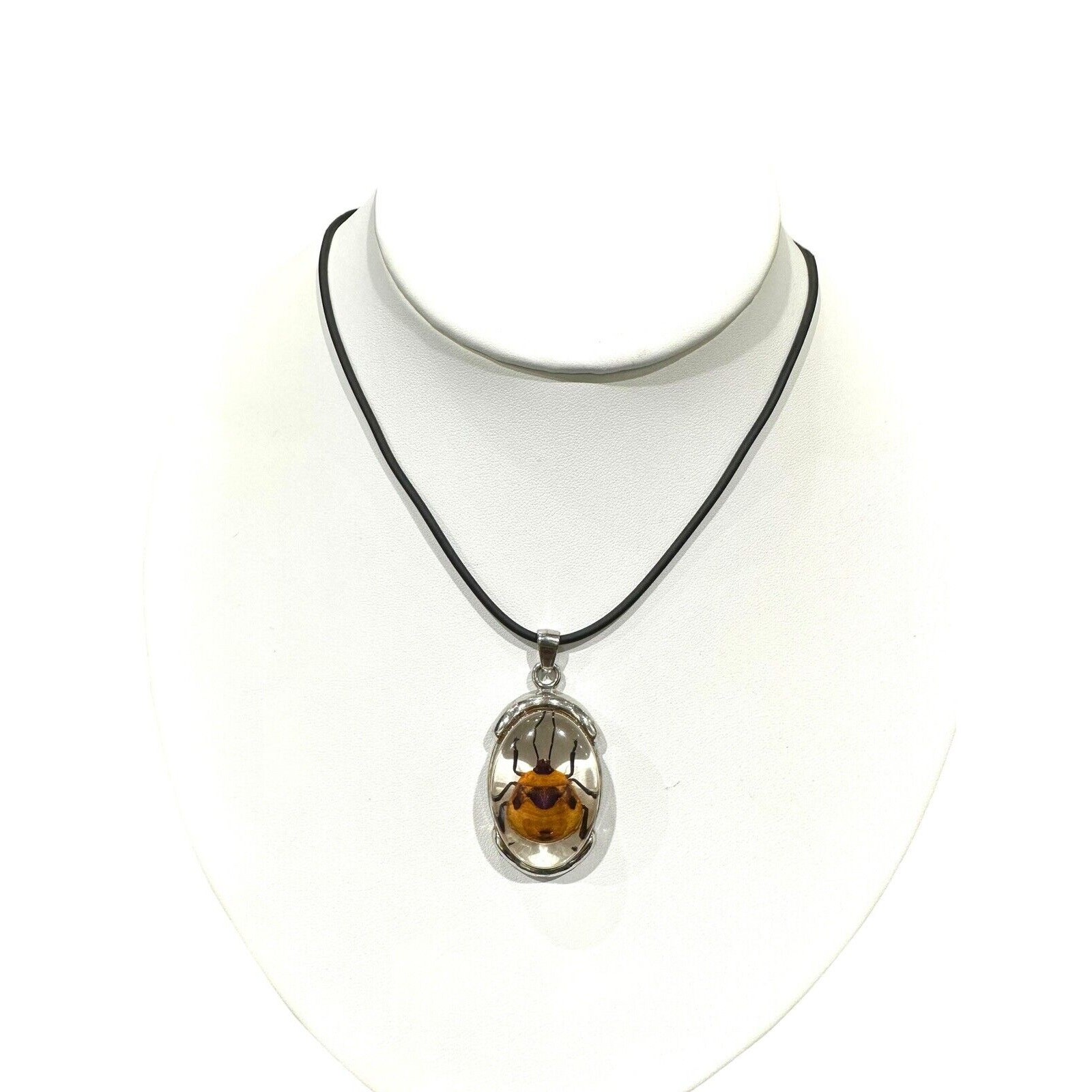 Real Beetle in Lucite With Silver Metal Findings Fancy Necklace Black Cord EUC