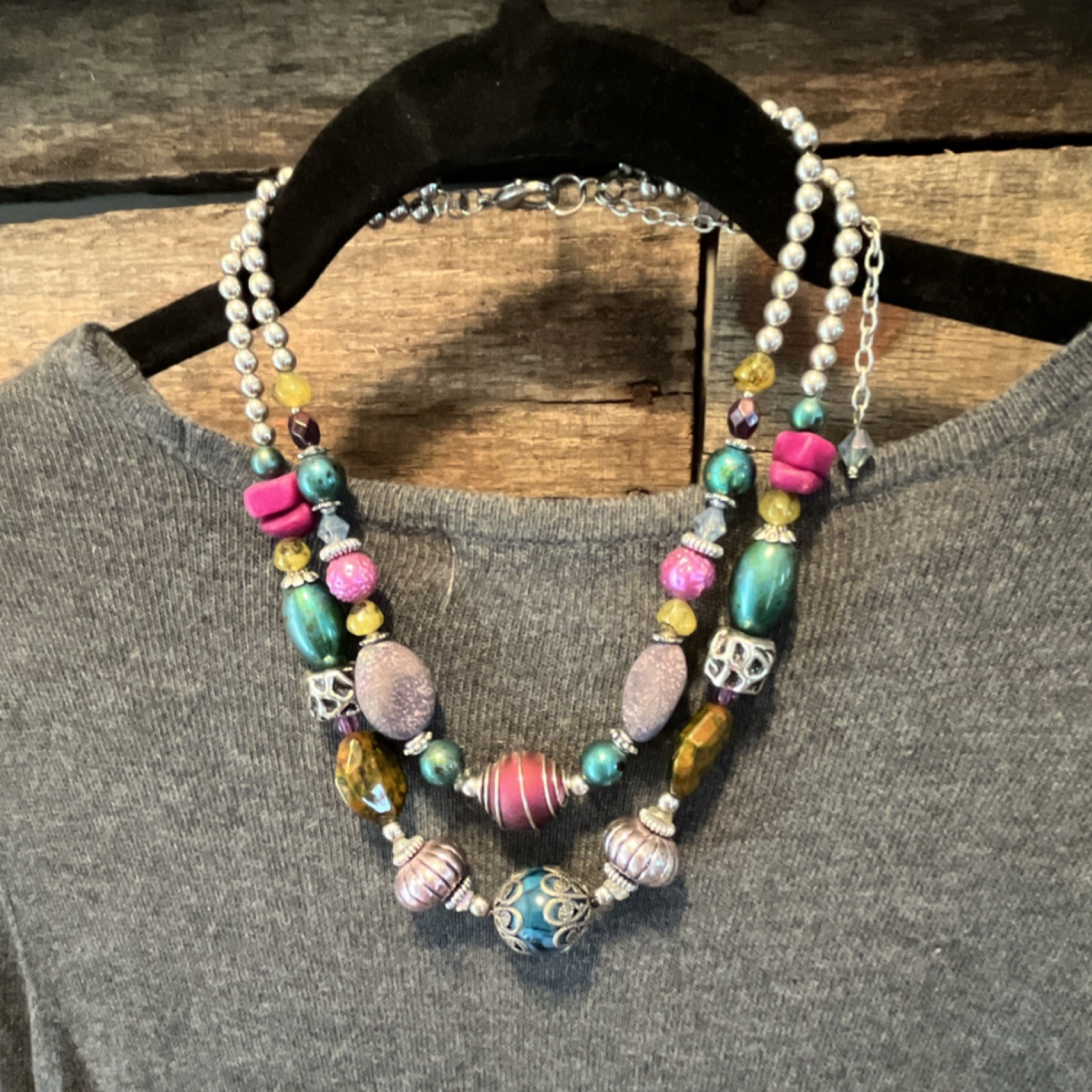 Multicolor Beaded Statement Necklace Glass Metal Acrylic 19-24in Fashion Jewelry