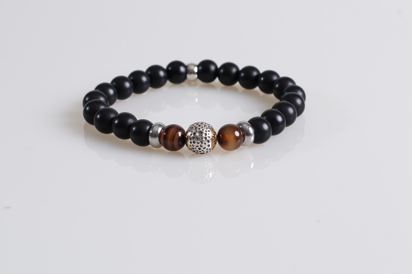 Pulsera Negra Para Hombres cuentas Ágata Onix Ágata Rayada Y Acero Inoxidable