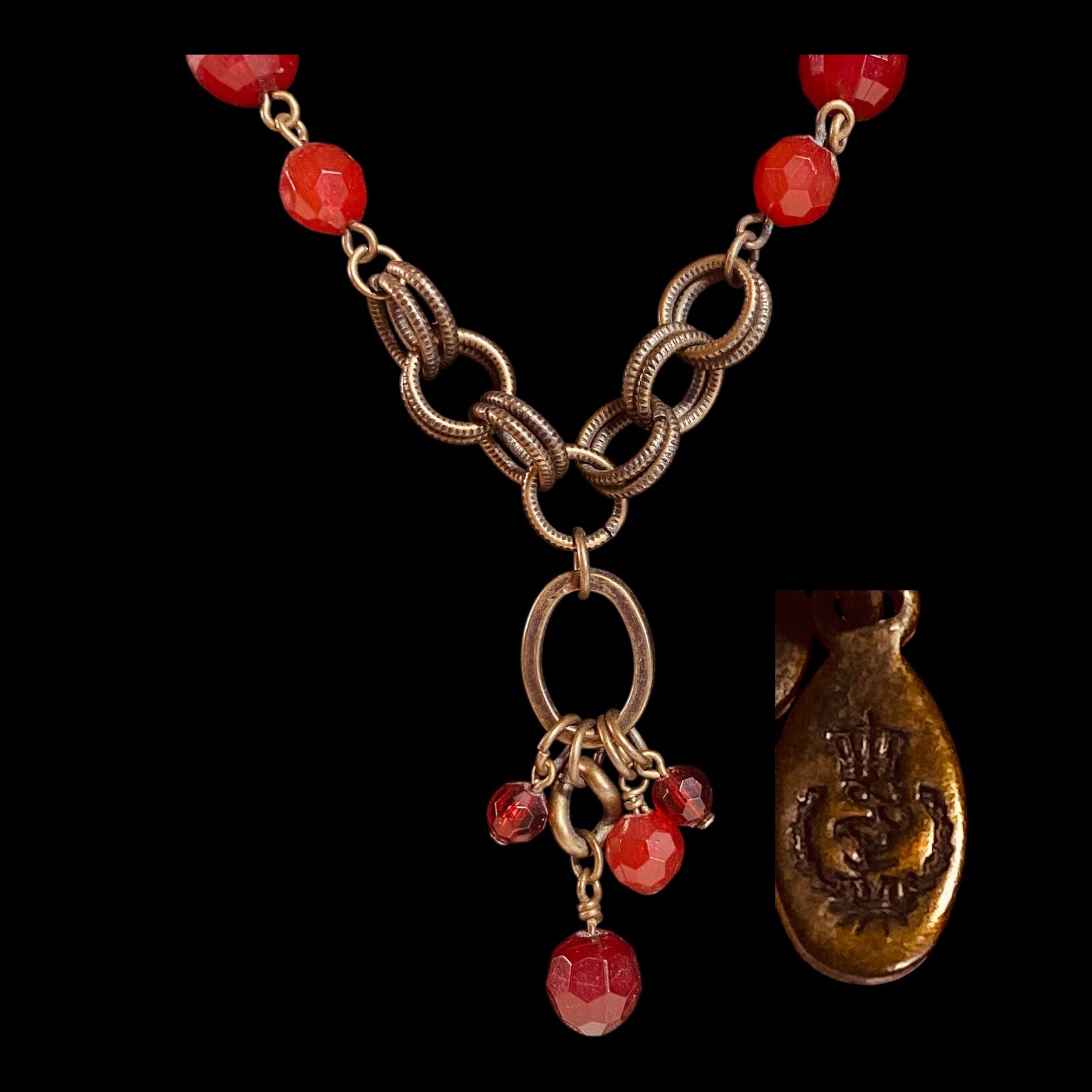Vintage Signed Red Beaded Necklace 24”-27” Adjustable Brass Boho Romantic Signed