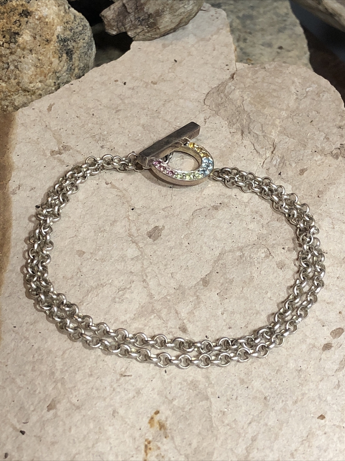 925 Sterling Silver Double row Rolo chain CZ Crystal Toggle clasp Bracelet 11.3g
